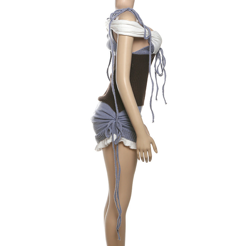 Spring Women Sexy V-Neck Lace-Up Contrast Color Bodycon Knitting Dress 7