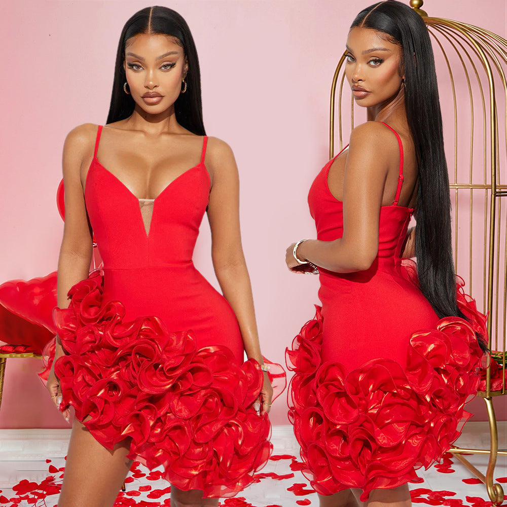 Women Sexy Strapless Solid Lotus Lace Irregular Dress 3