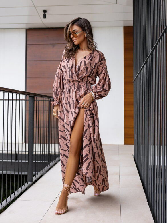 Autumn Fashionable Long Sleeve V-Neck Printed Dress 11