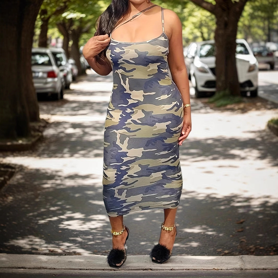 Plus Size Women's Fashionable Camouflage Print Strap Dress