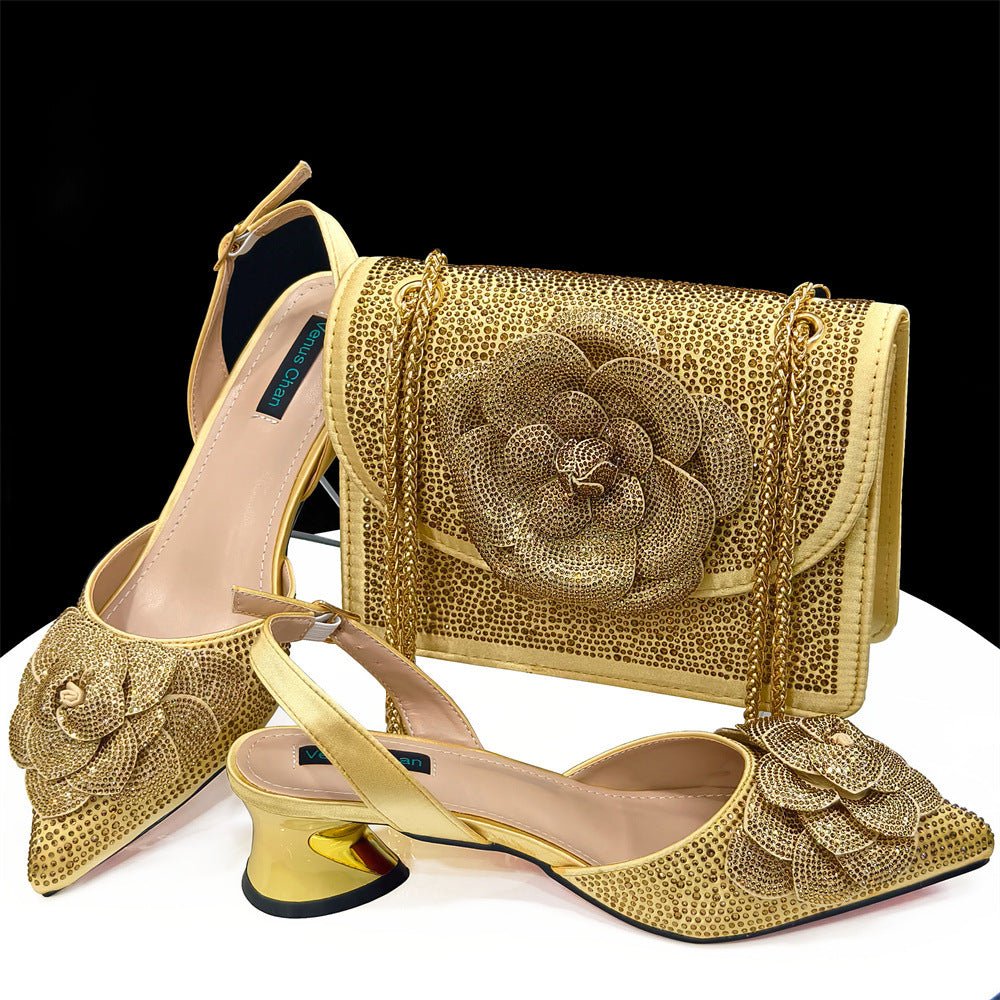 Black+Gold Pointed-Toe High-Heeled Shoes With Square Shoulder Bags Flower Decoration Ladies' Shoe And Bag Set