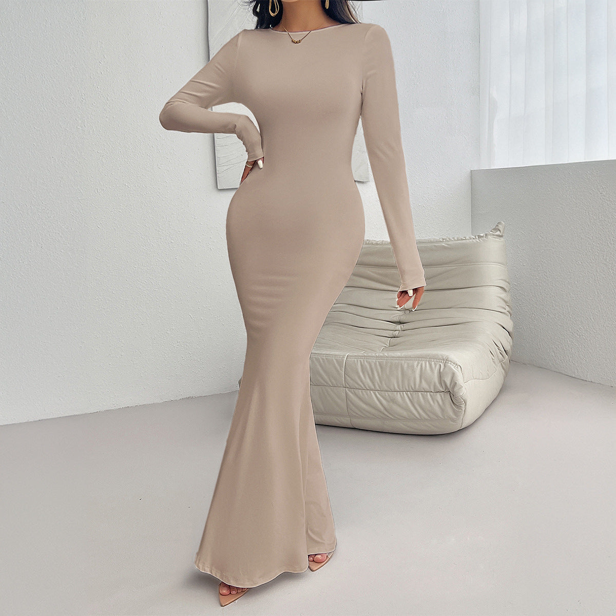 Autumn And Winter Women's Sexy Slim Round Neck Solid Color Long Sleeve Dress 9