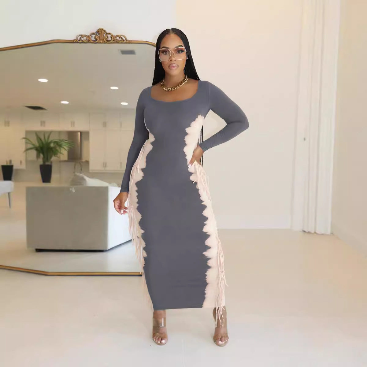 Contrast Color Tassel Casual Dress 4