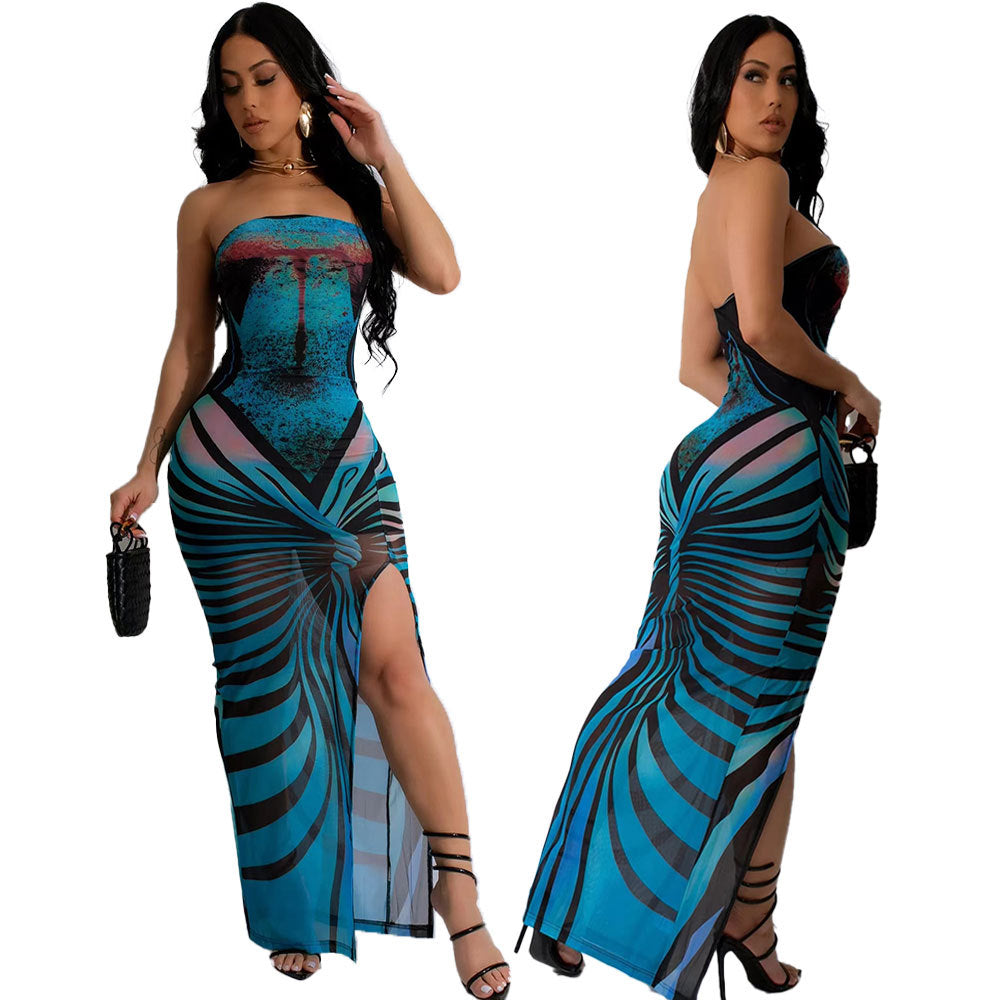 Women mesh printed slit sexy Maxi Dress 5