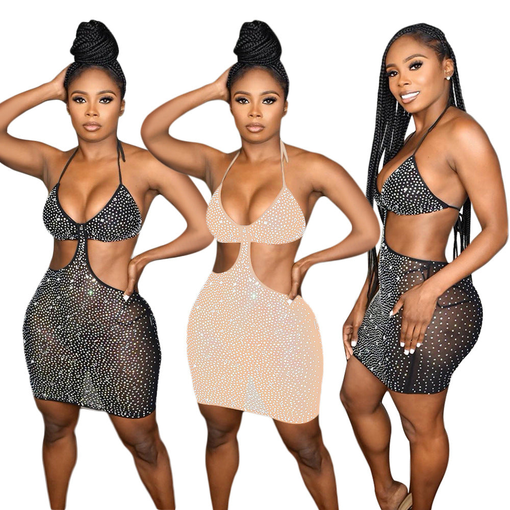 Sexy cutout Low Back diamond blingbling dress women's nightclub