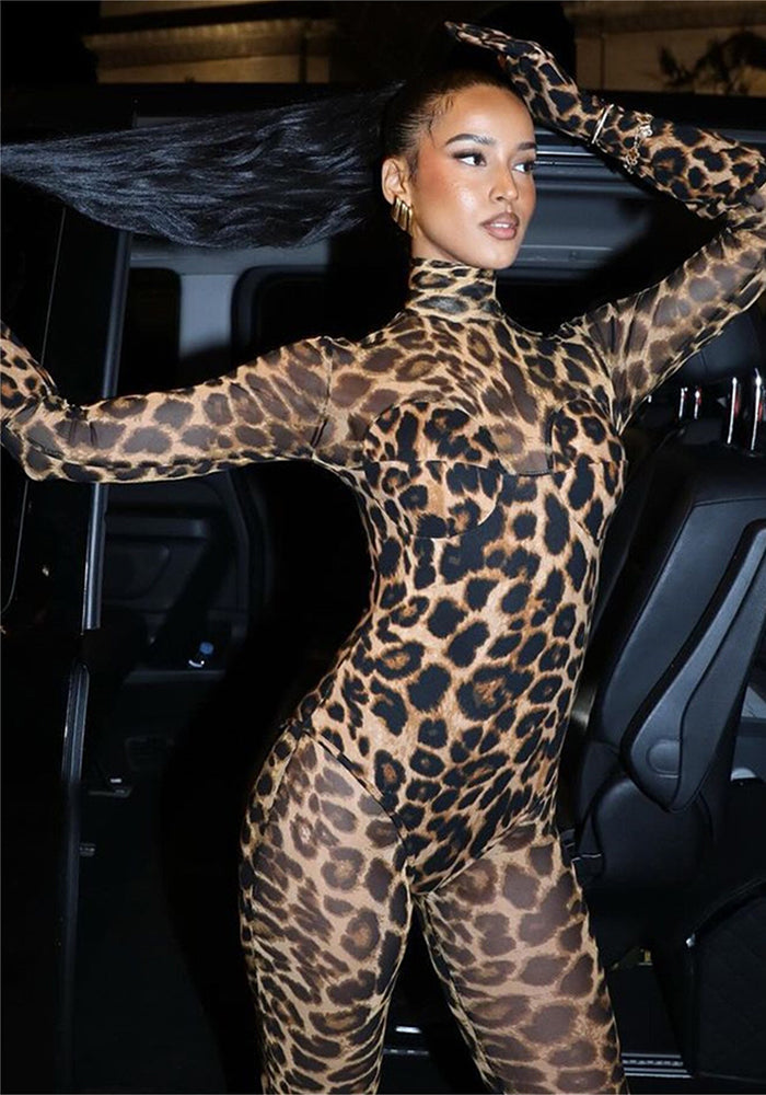 Women's Spring Leopard Print Mesh Long Sleeve Tight Fitting Sexy Jumpsuit