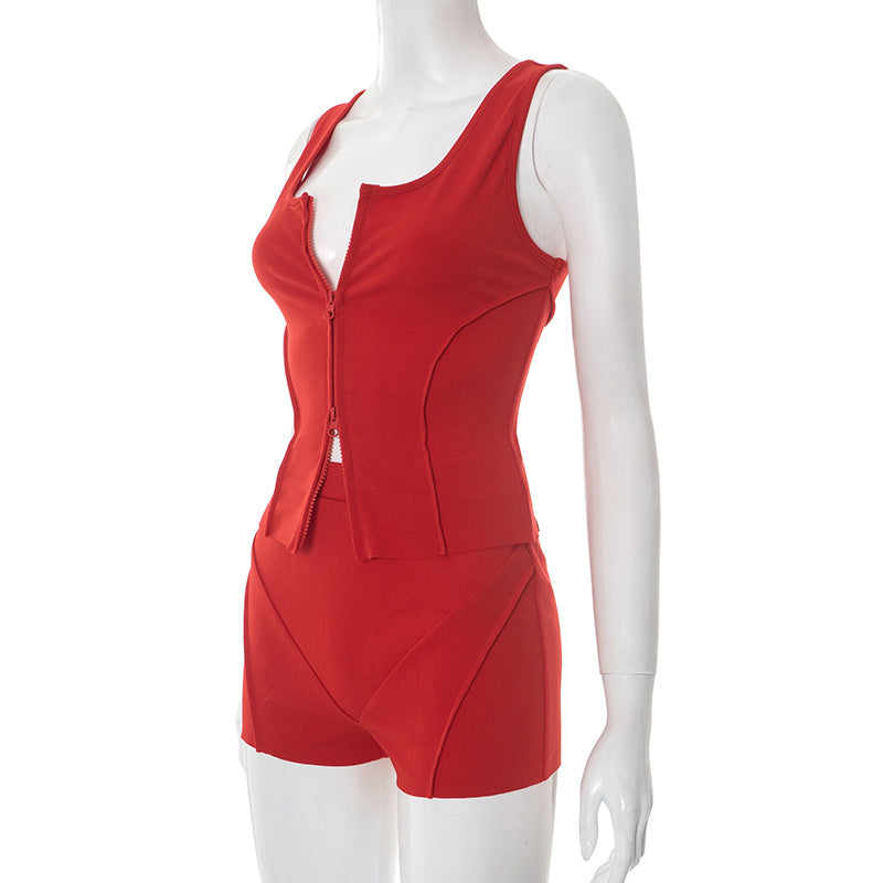 Women Sleeveless Zipper Vest Top and Shorts Two-piece Set 9