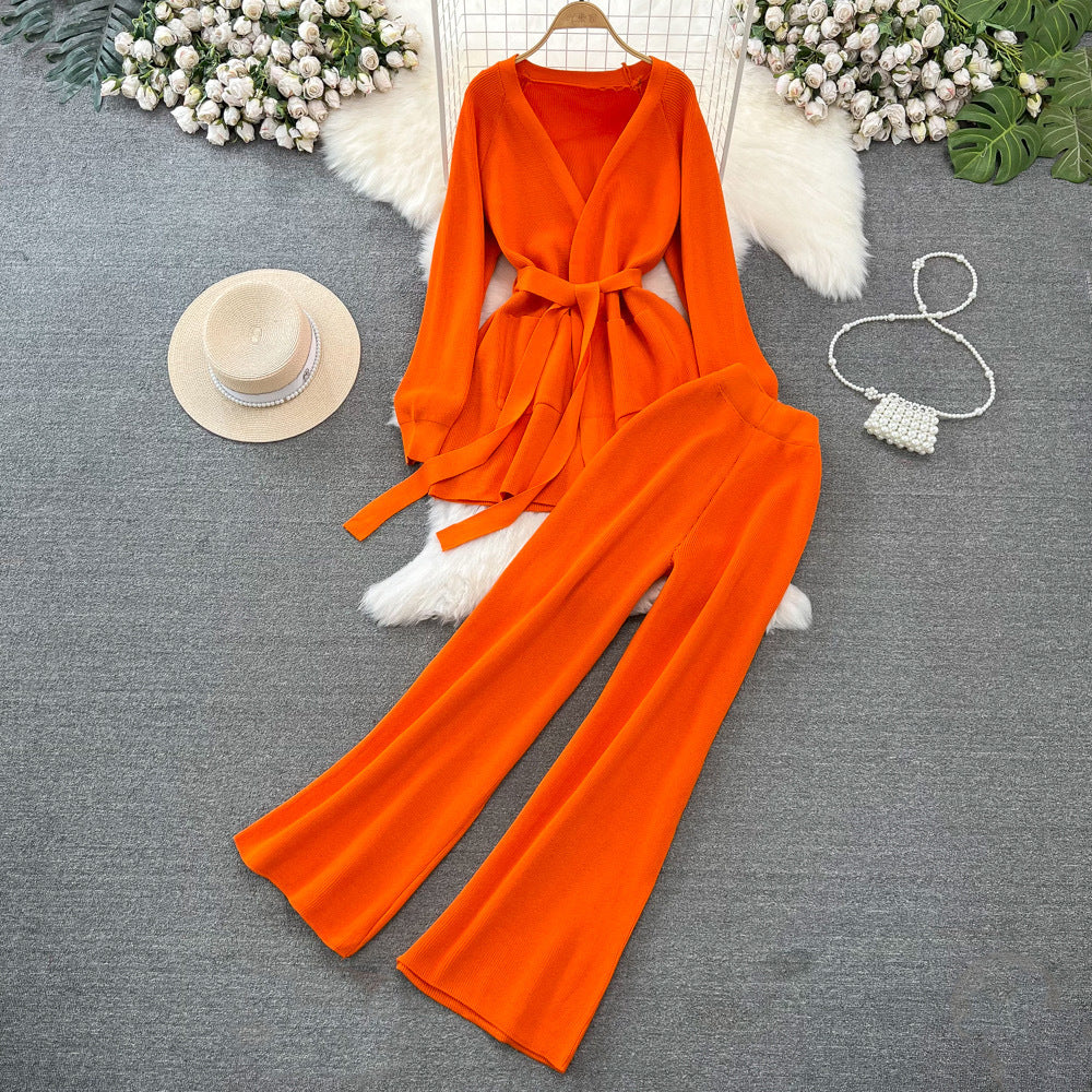 Women autumn lace-up long-sleeved knitting cardigan jacket and loose wide-leg pants two-piece set 21