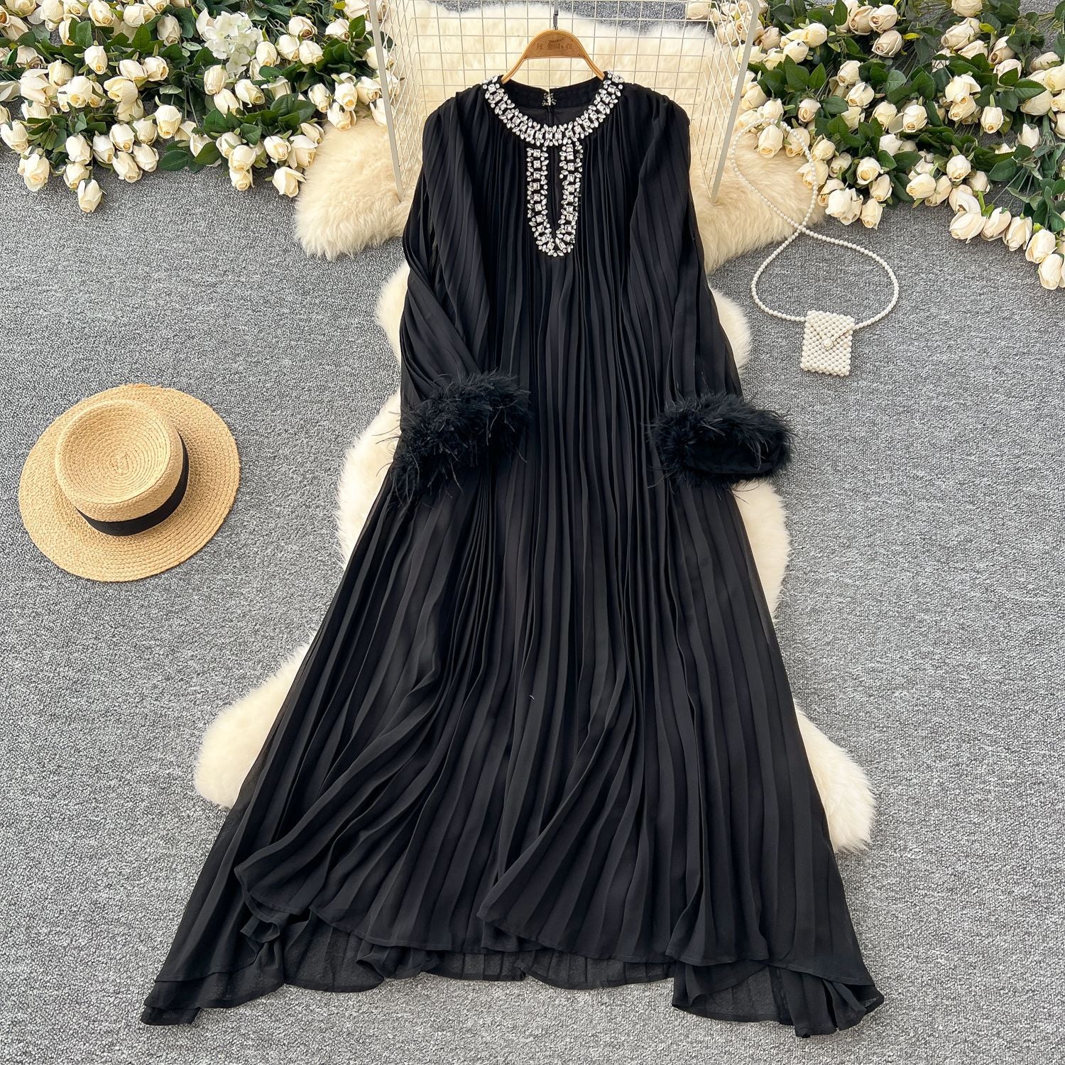 Women Round Neck Diamond Furry Patchwork Pleated Elegant Solid Dress 14