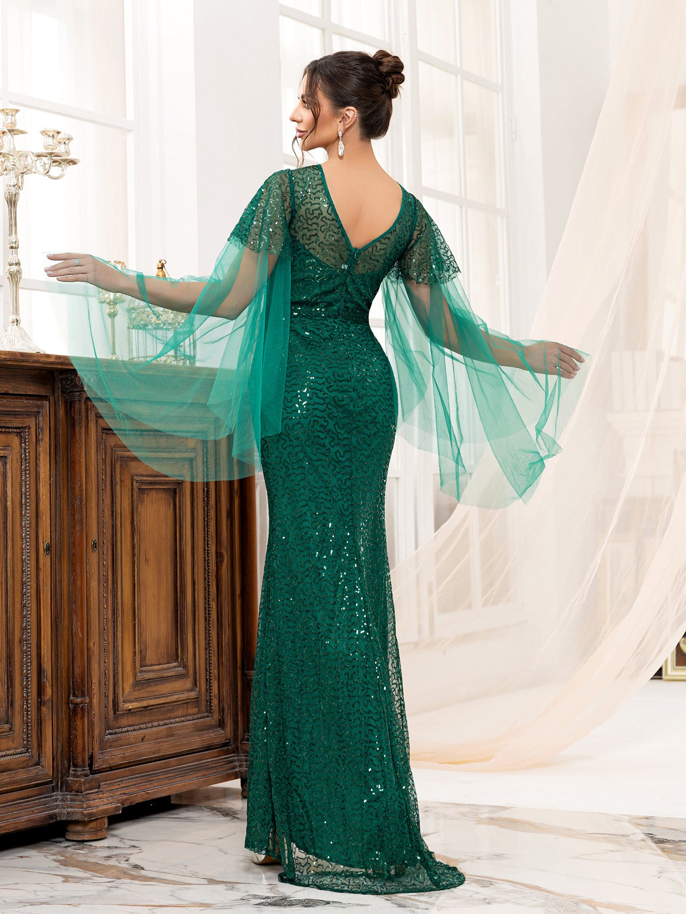 Low-Back Green Women's Long Sleeve Formal Party Sequin Fishtail Evening Dress 3