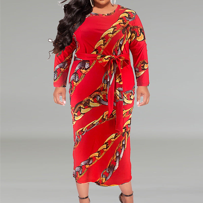 Plus Size Women's Printed Long Sleeve Round Neck Belt Dress 3