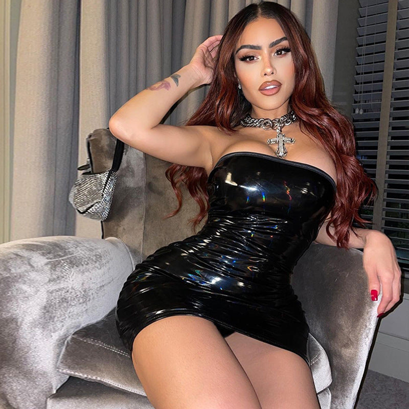 Women Strapless PU-Leather Dress 3