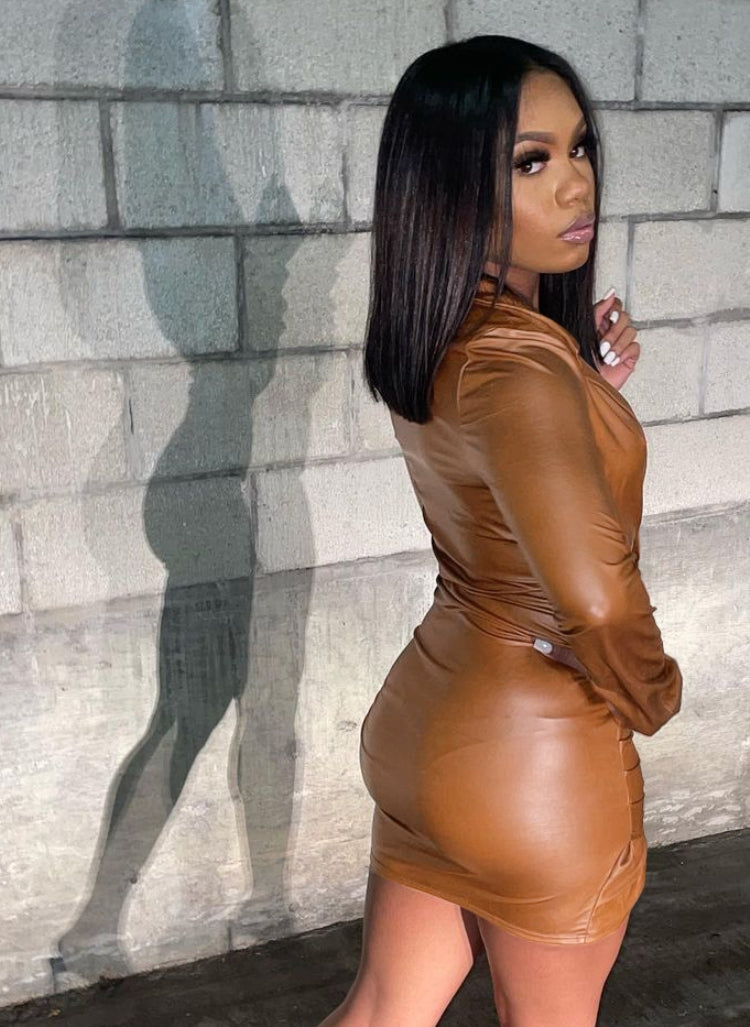 Spring Sexy Kahaki Deep V Neck Long Sleeve Pu Leather Mini Dress 3