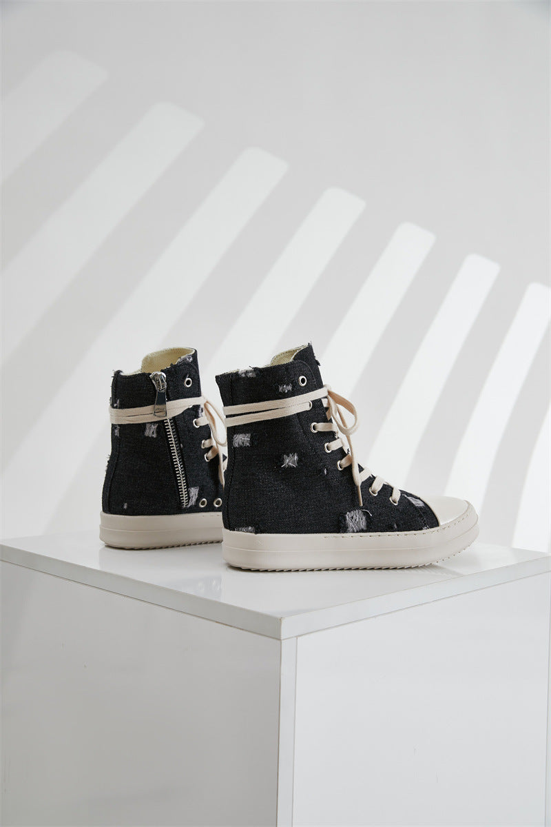 Platform Canvas Shoes Women's Washed Couple High-Top Shoes Ripped Denim Style Trendy Shoes For Men 12