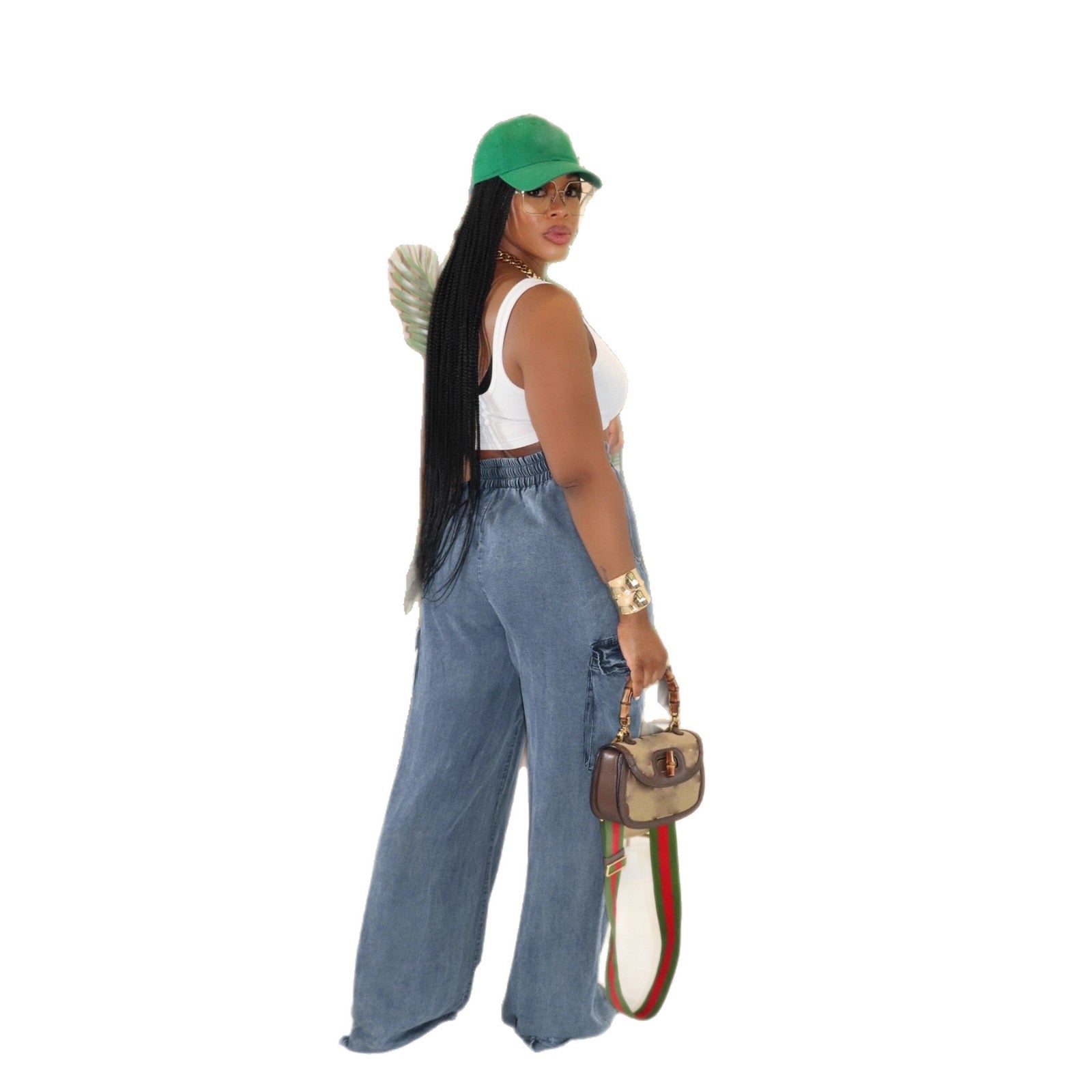 Casual Drawstring Denim Pants Women's  Wide-Leg Cargo Trousers 6