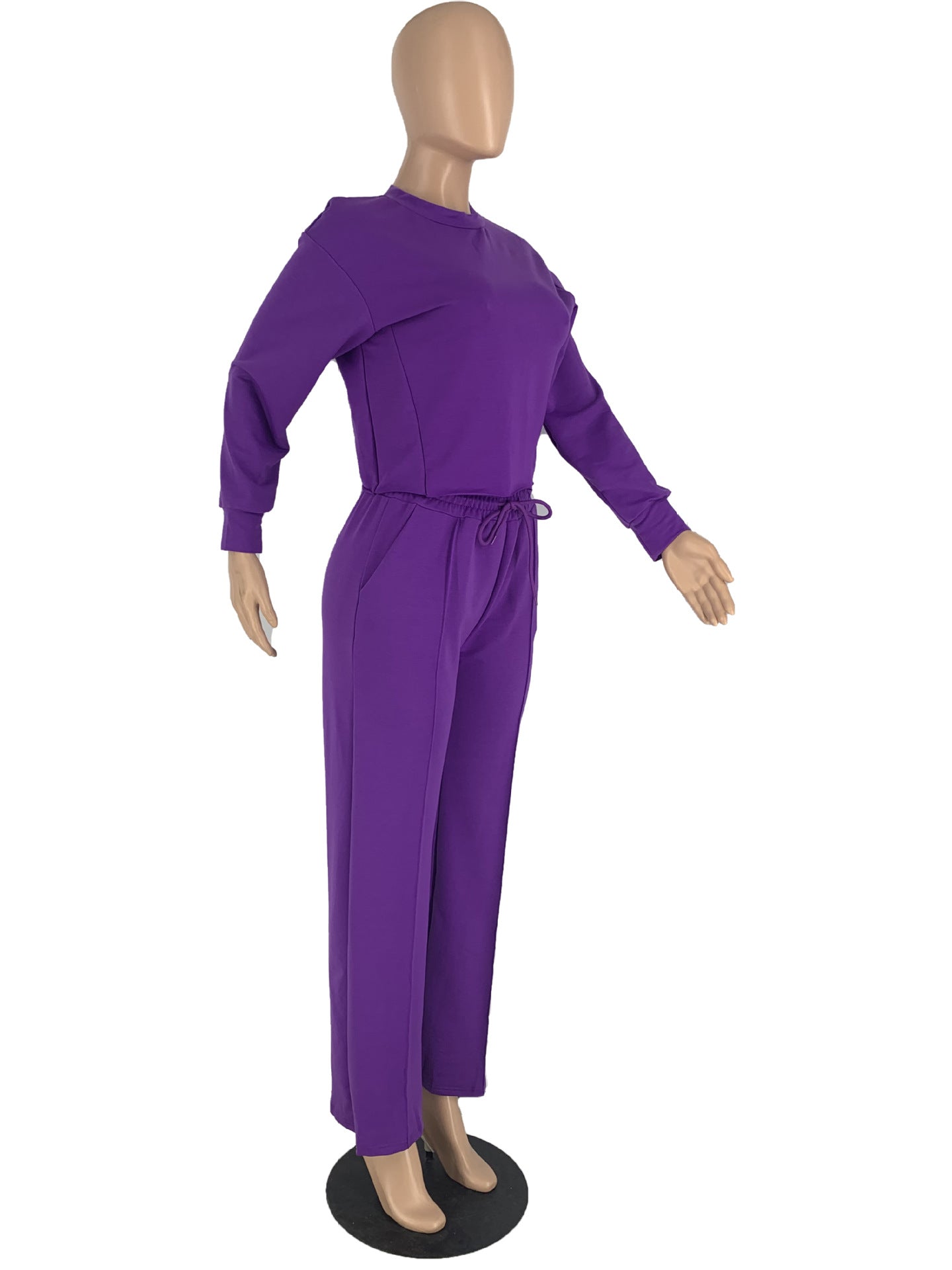 Solid Color Long Sleeve Pocket Straight Pants 2 Piece Set 42