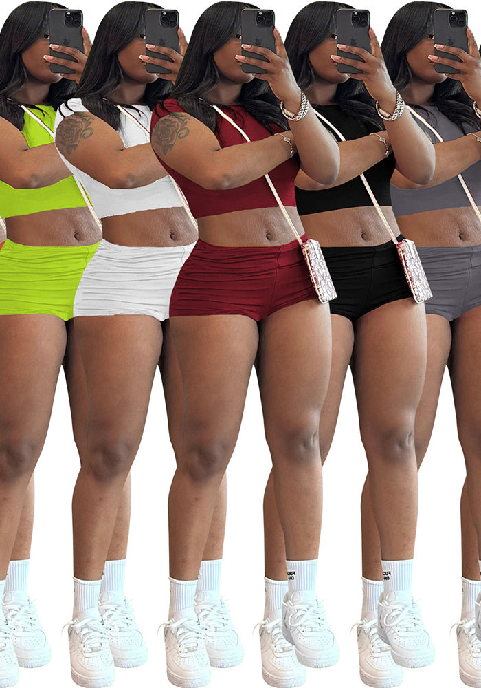 Women Summer Solid Crop Top Shorts Two-Piece Set