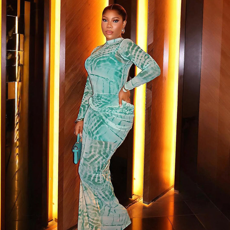 Women Printed Mesh Waist Bodycon High Neck Long Sleeve Chic Dress 4