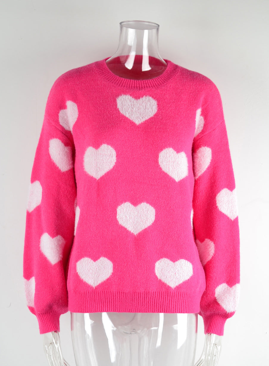 Winter Women's Sweater Heart Print Round Neck Pullover Plus Size Sweater For Women 7