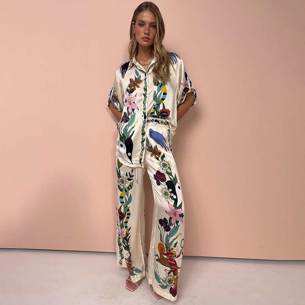 Summer Women Loose Printed Shirt Trousers Two-piece Set 3