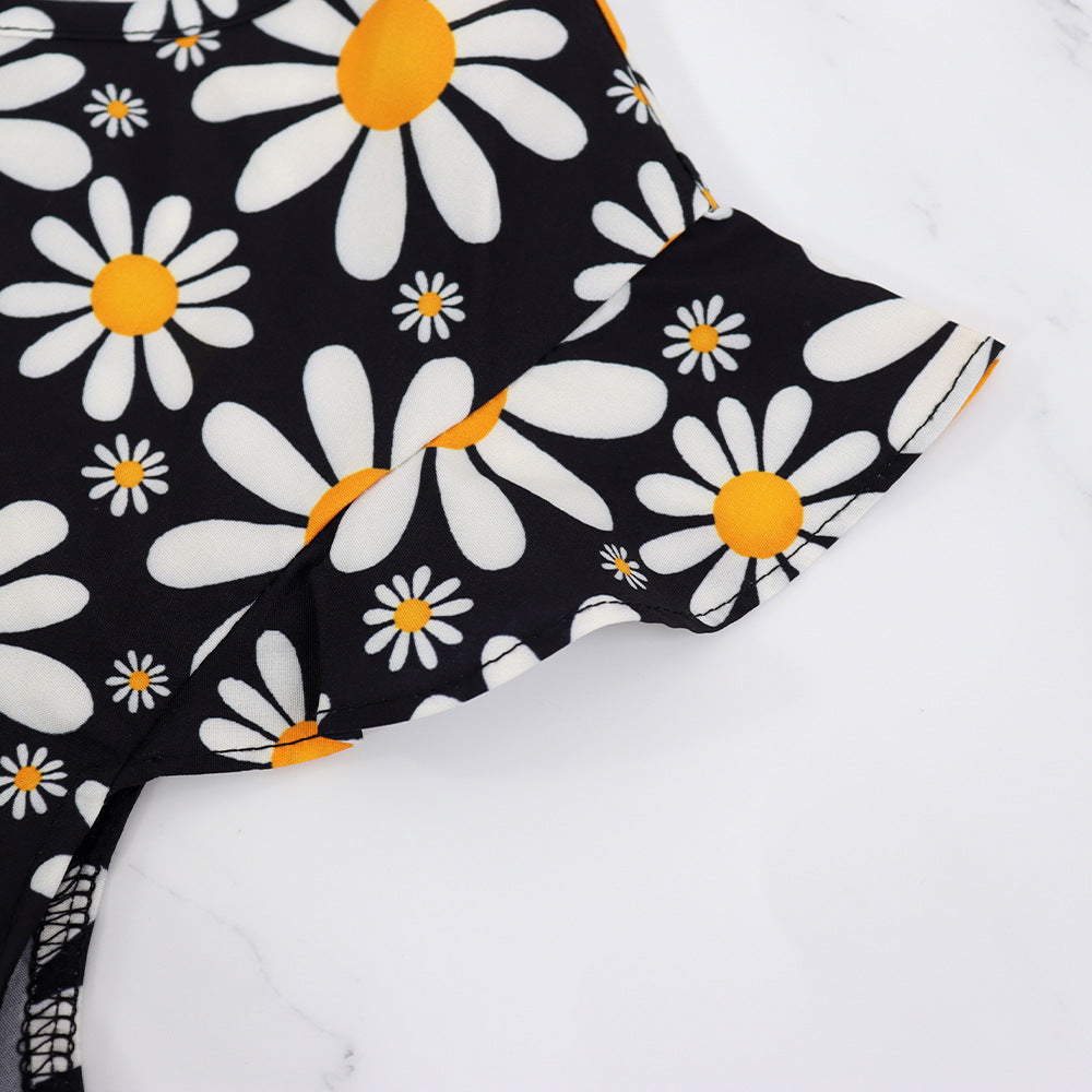 Women Round Neck Daisy Print Floral Dress 7