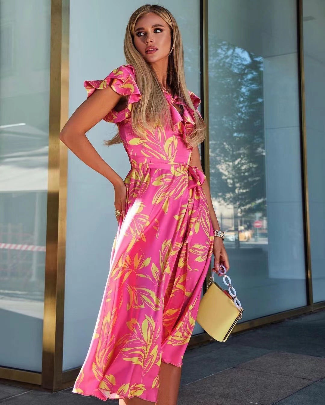 Women printed v-neck puff sleeves leaf slit dress 9