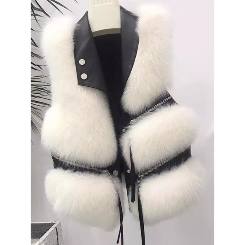 Autumn Winter Fox Fur Vest Turndown Collar Zipper Short Patchwork Faux Fur Fashion Sleeveless Coat 8