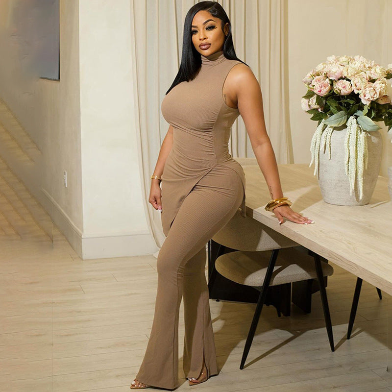 Women Summer Solid Sleeveless High Neck Slit Top Trousers Casual Two Piece Set 3