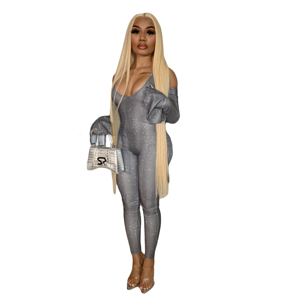 Autumn Winter Women's Tight Fitting Bell Sleeve Jumpsuit 9