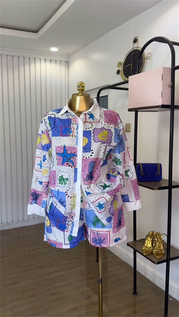 Women Summer Print Hollow Turndown Collar Long Sleeve Shirt and Shorts Casual Two-piece Set 3