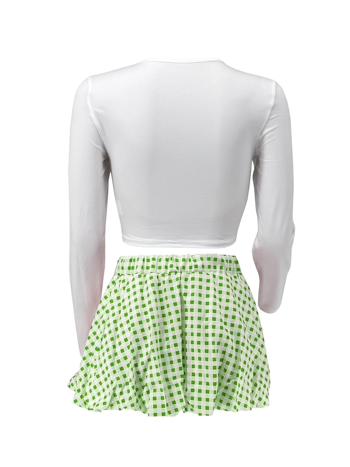 Women Casual Top and Plaid Flower Bud Skirt Two-piece Set 22