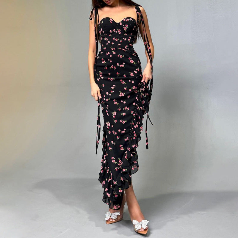 Women Summer Printed Sexy Mesh Lace-up Dress