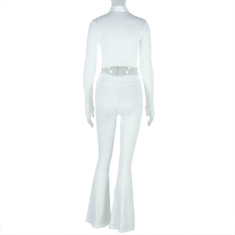 Women Pleated Zipper Solid Long Sleeve Stand Collar Crop Top and Long PantsTwo Piece Set 9