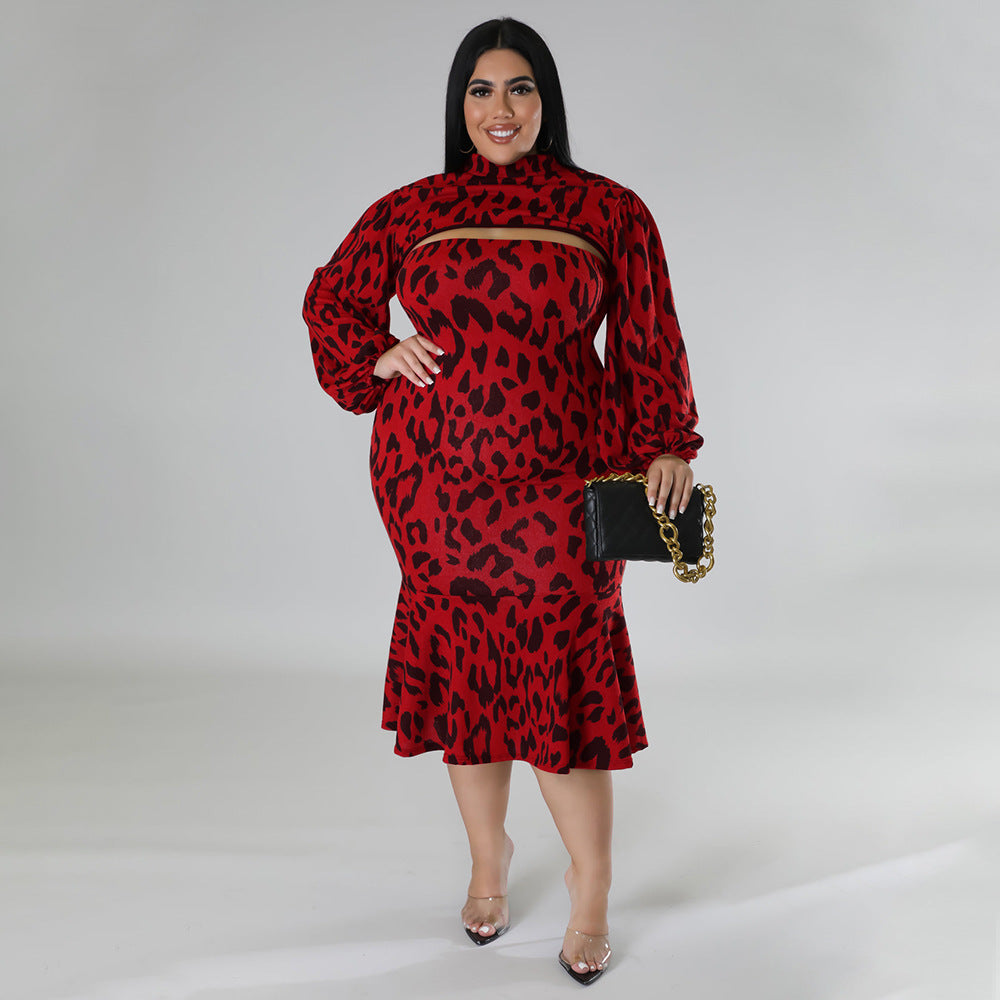 Fall Long Sleeve Printed Slim Stand Collar Long Sleeve Cape Top  Strapless Ruffle Dress Wo Piece Set 8