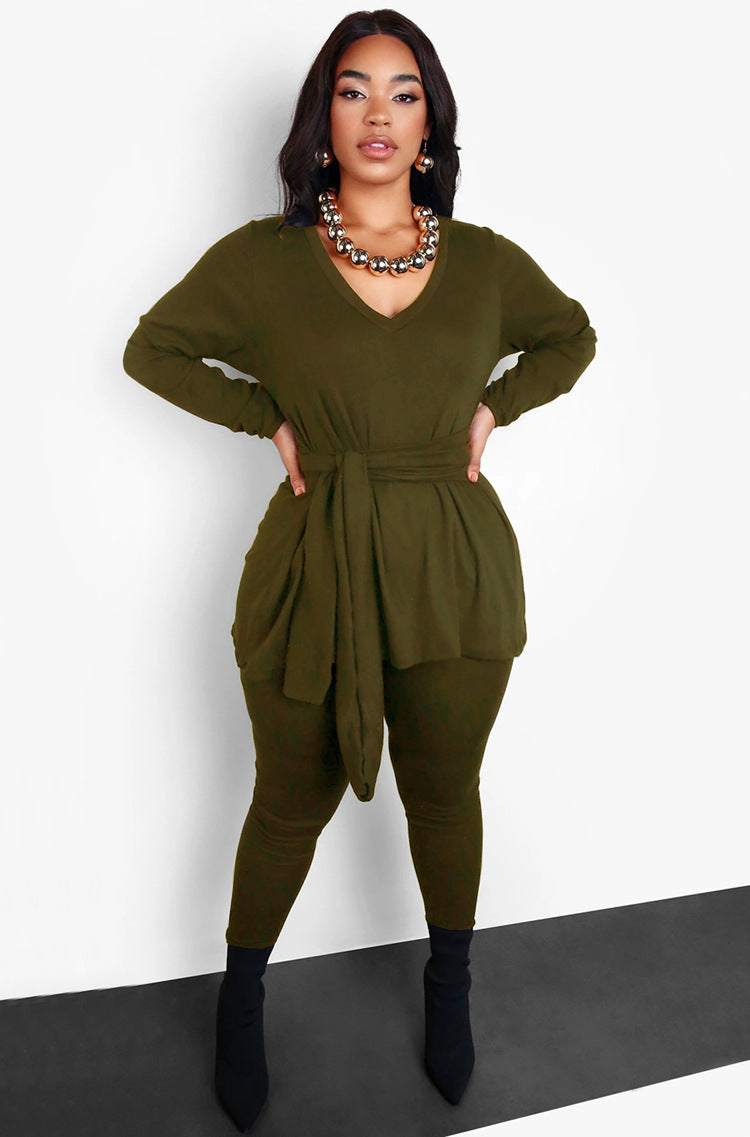 Women Fall and Winter Lace-up Top Long Pants Casual two-piece set 6