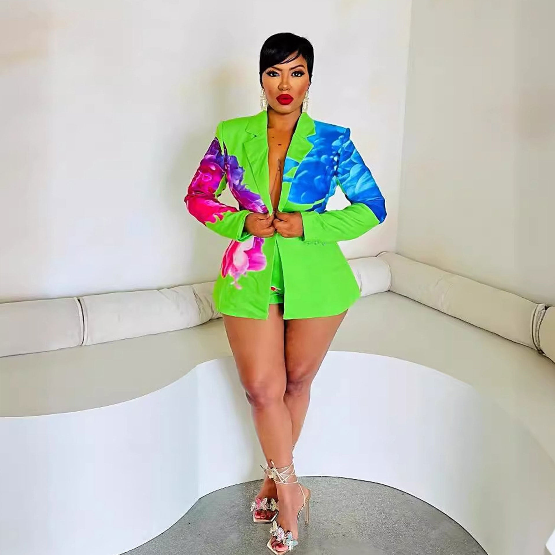 Sexy Plus size suit printed blazer shorts set 6