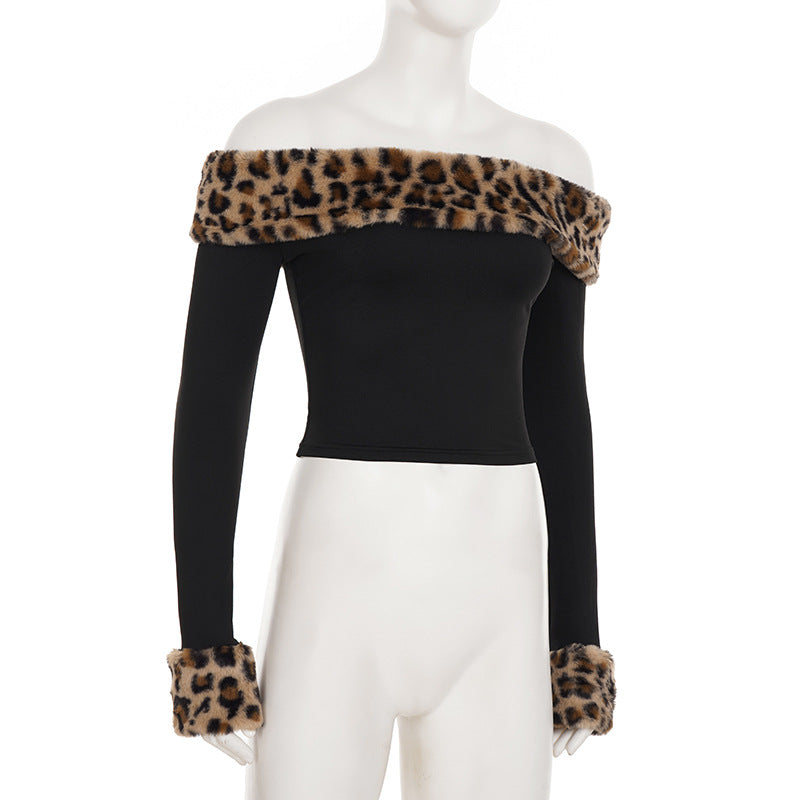 Women Leopard Print Off-Shoulder Long-Sleeved T-Shirt and Furry Shorts Two-Piece Set 15