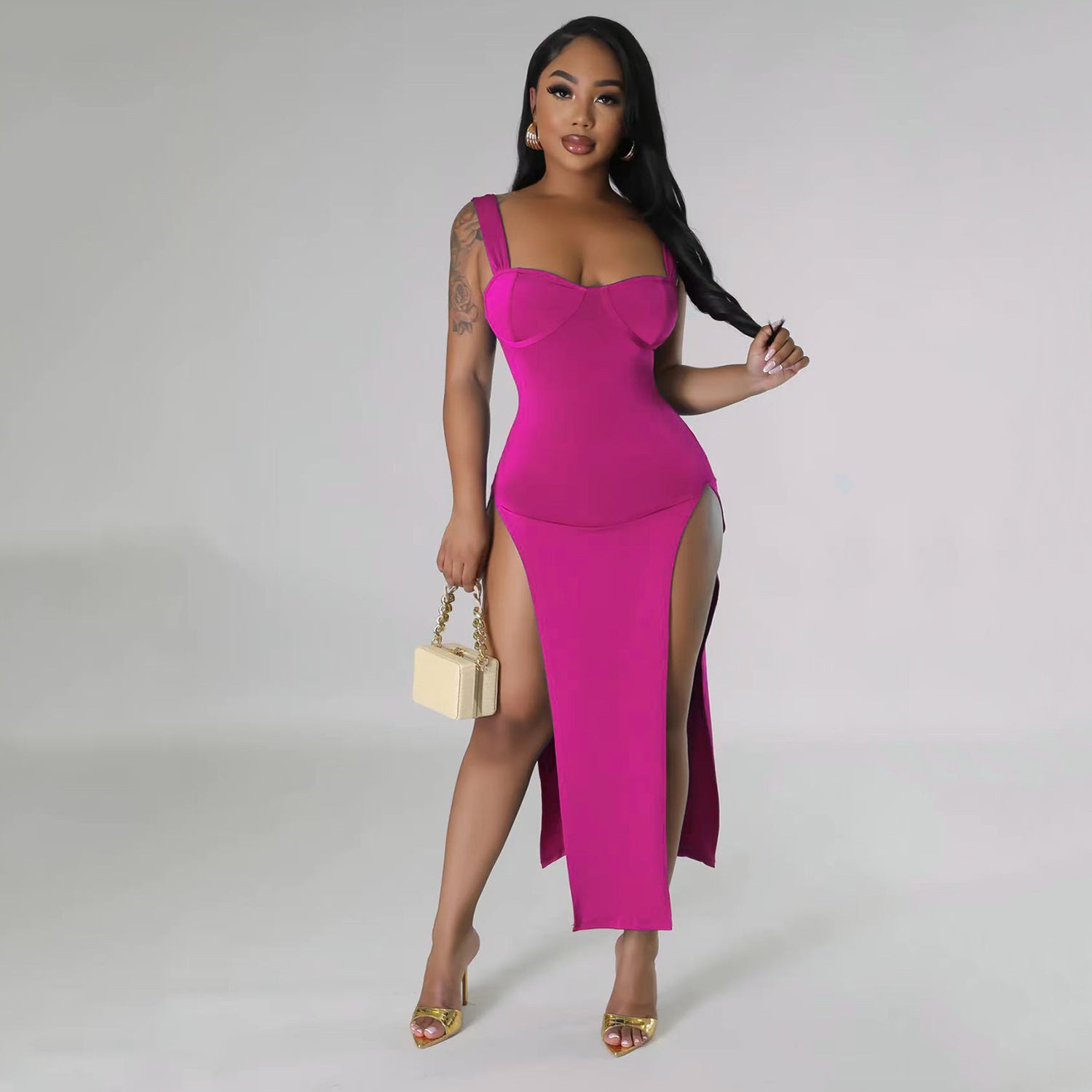 Summer Women sexy suspenders Solid slit dress