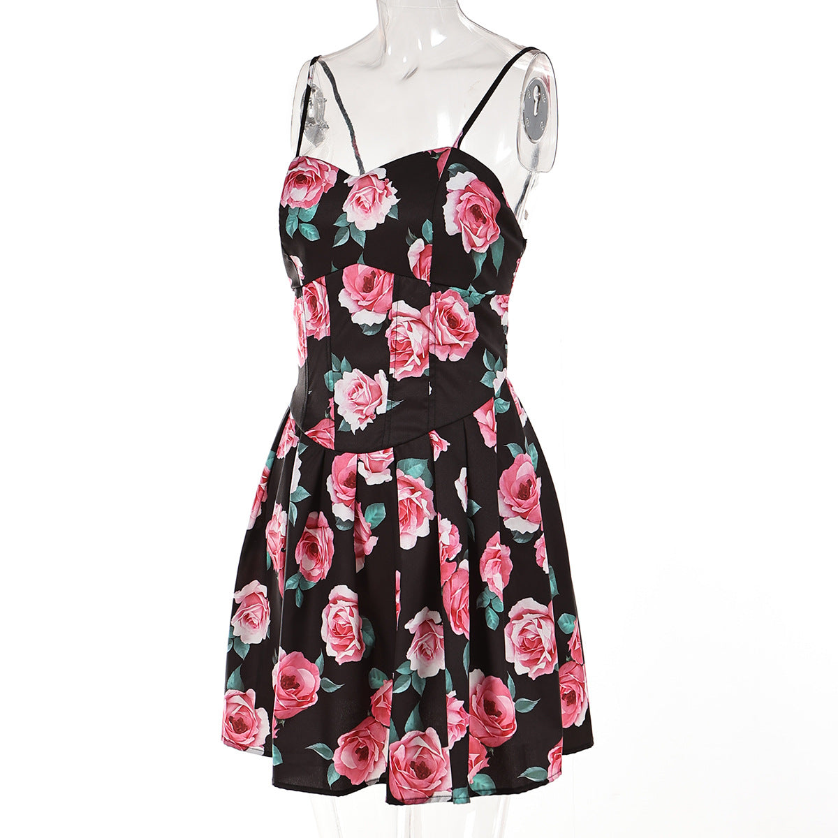 Women French rose print sexy pleated Strap Dress 7