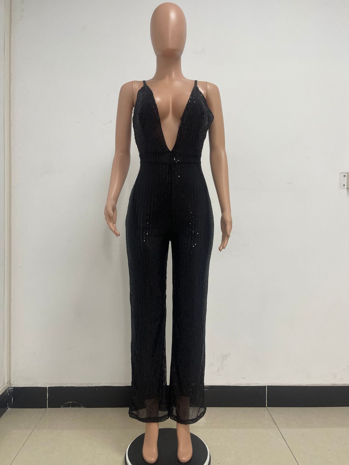 Deep V Neck Low Back Sleeveless Chic Sequined Straps Elegant Women's Party Jumpsuit 51