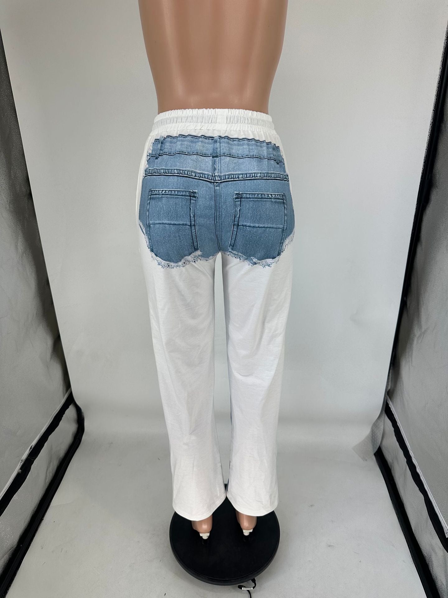 Spring/Summer Denim Print Contrast Pocket Elastic Waist Casual Straight-Leg Pants 9