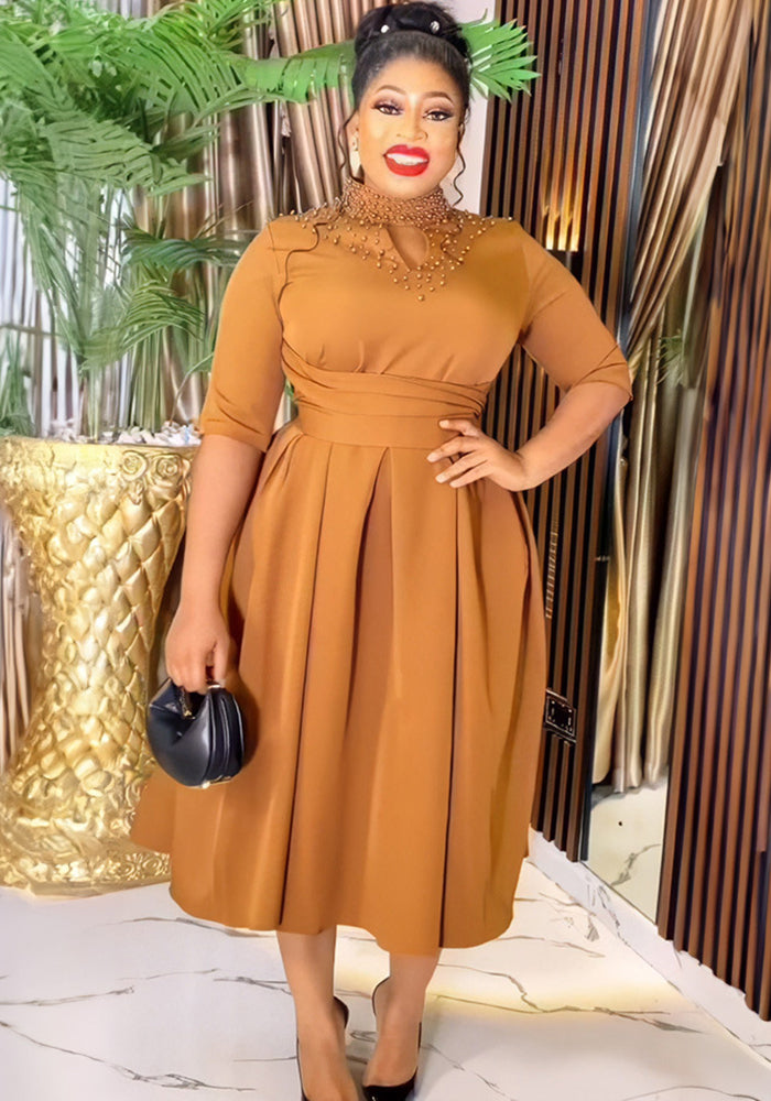 Women African Elegant Stand Collar Beaded Belt Pocket Dress