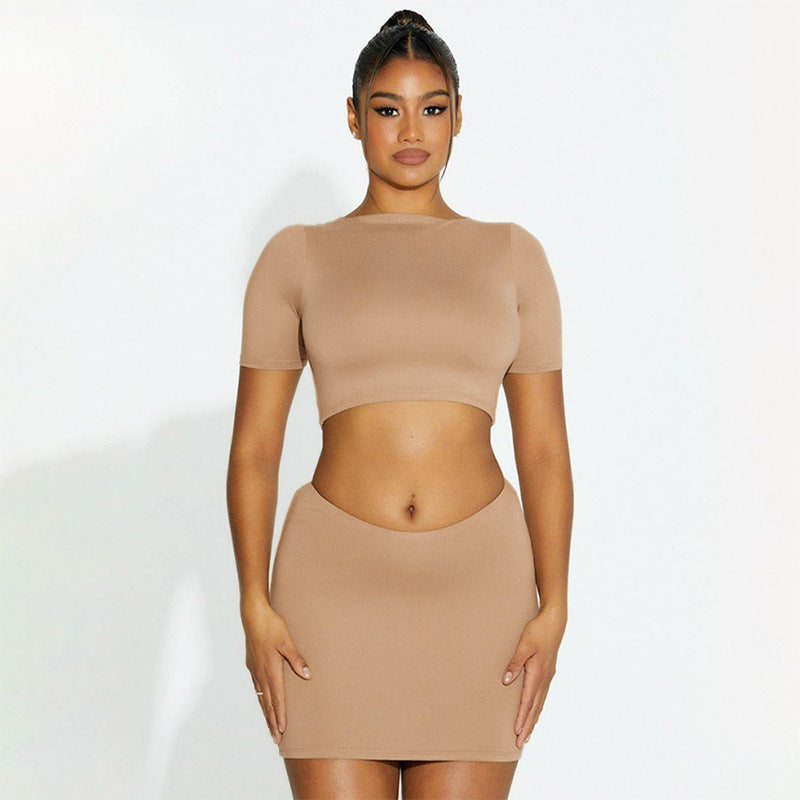 Women's Spring Solid Short Sleeve Crop Two Piece Skirt Set 7