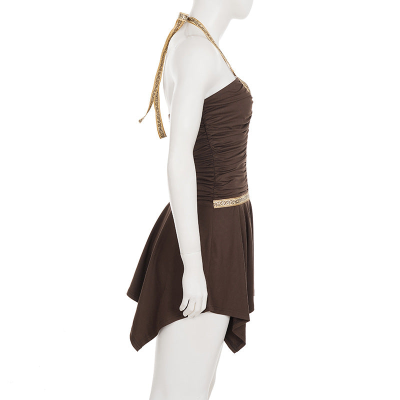 Women American-Style V-Neck Ethnic Ribbon Contrast Color Patchwork irregular pleated Halter Neck dress 10