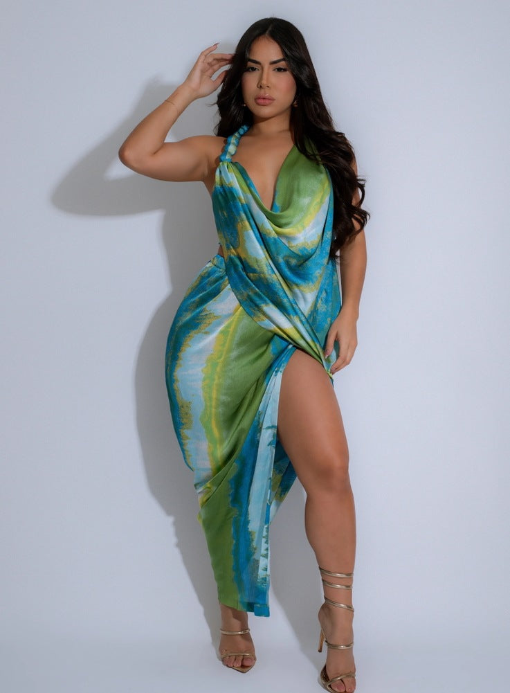 Deep V-Neck Sexy Printed Halter Slit Dress