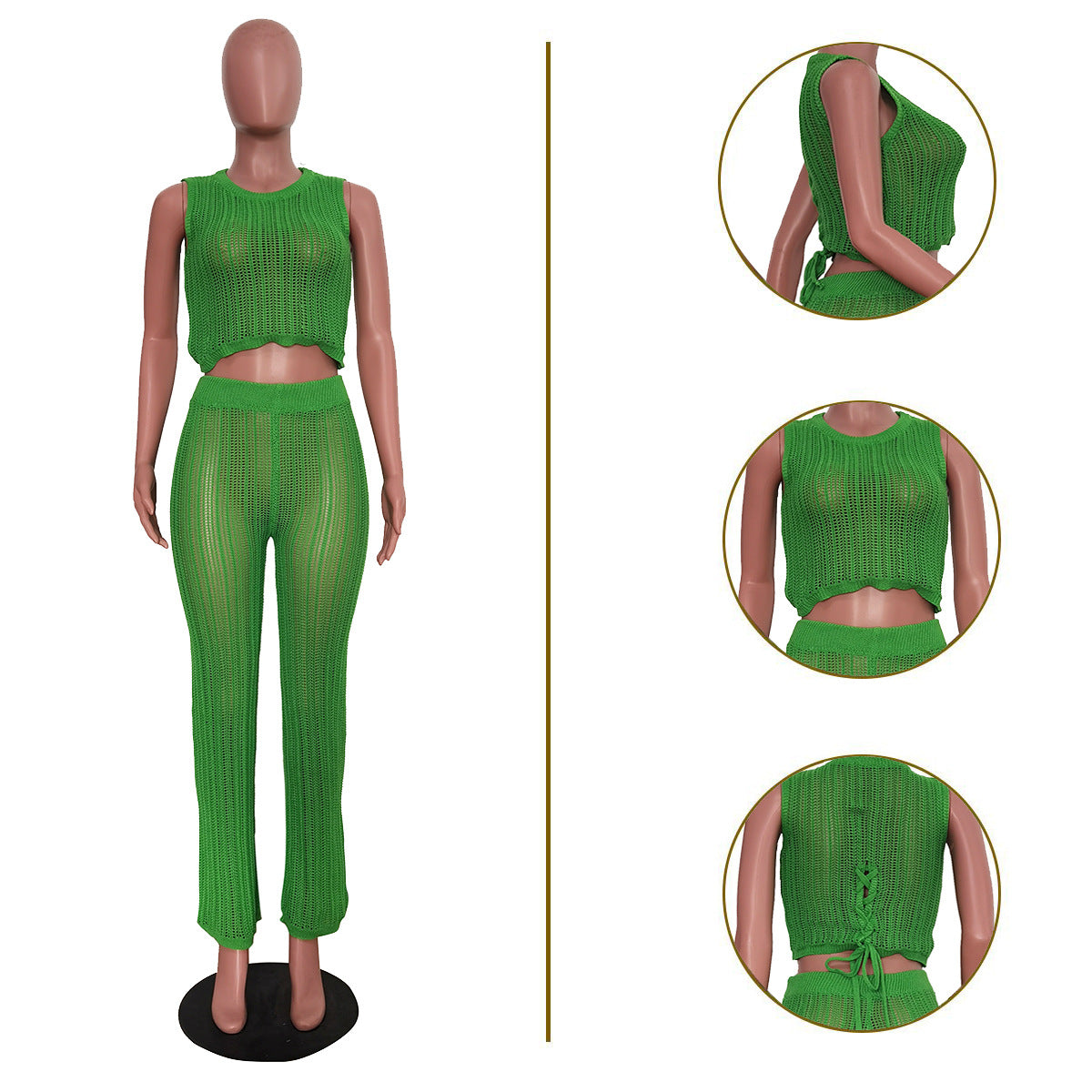 Women's Casual Hollow Knitting Sleeveless Two Piece Pants Set 13