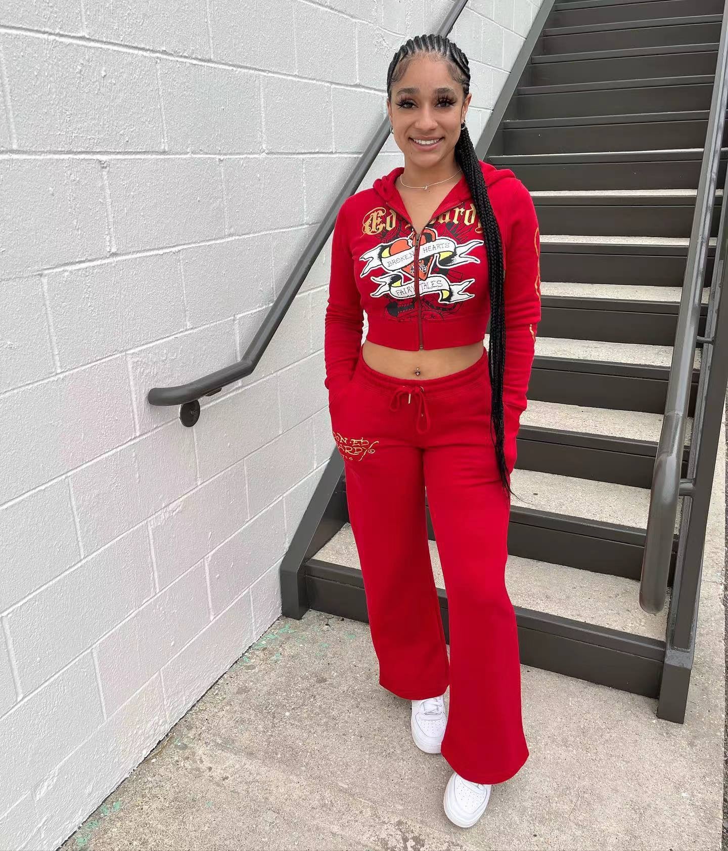 Fashionable street printed zipper short hoodies high waist straight trousers two piece set 4