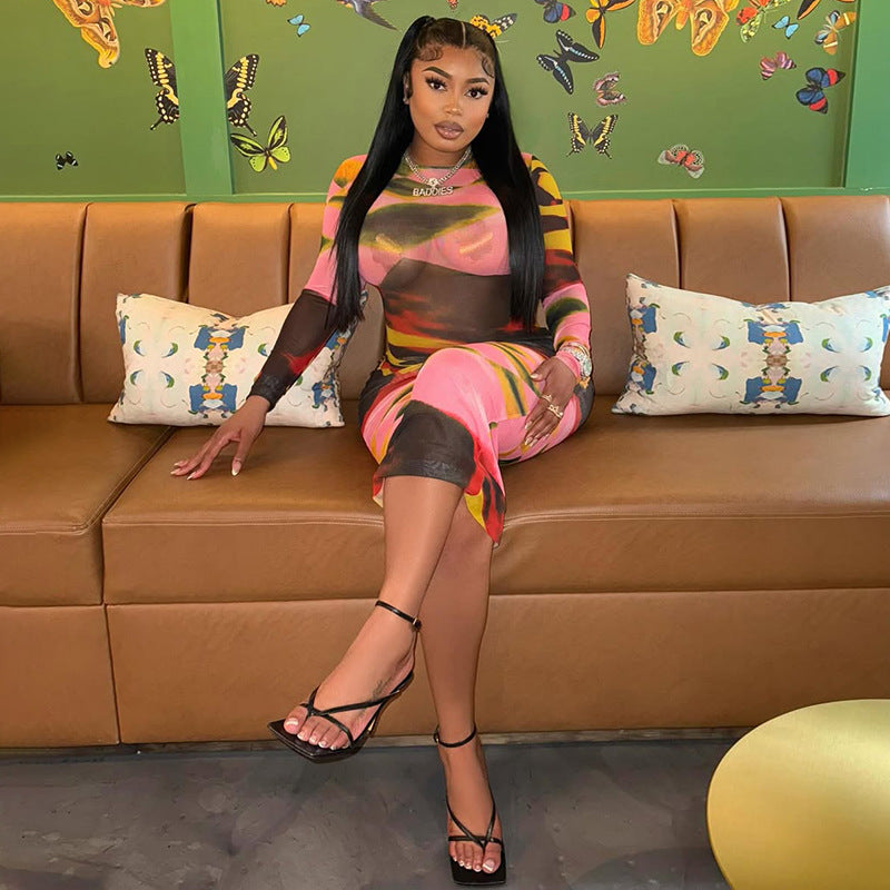 Women Summer Painted Print Long Sleeve See-Through Sexy Bodycon Dress 4