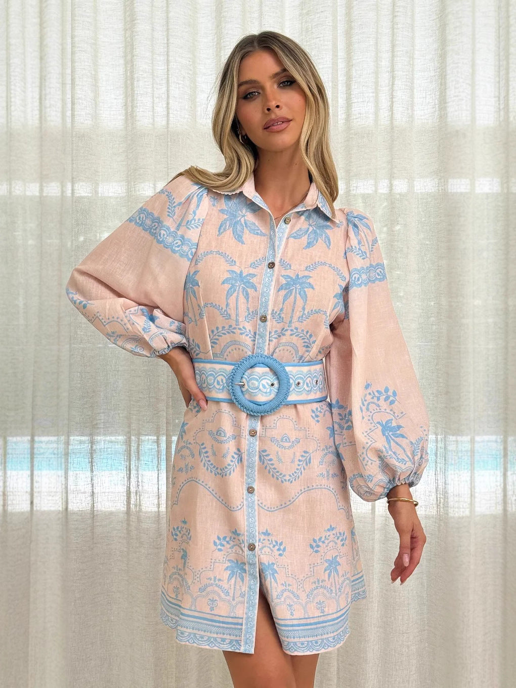 Linen Chic Casual Printed Belt Slim-Waist Shirt Dress