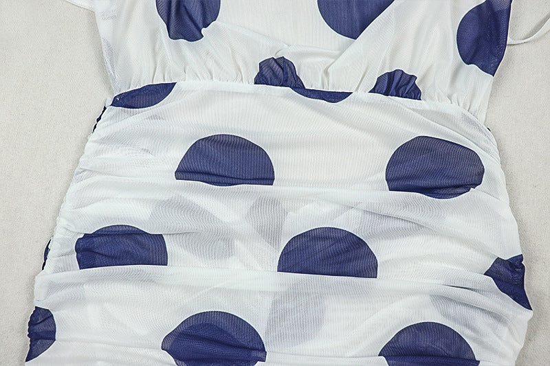 Black White Polka Dot Women's Slit Print Irregular High Neck Tie Low Back Dress 12